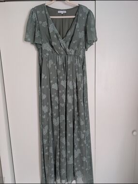 Baltic Born Sage Green - Eucalyptus Floral Chiffon Overlay Maxi Dress Size M